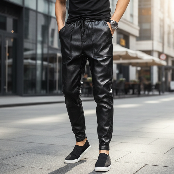 Męskie Spodnie z Sztucznej Skóry – Dopasowane Spodnie z Troczkami do Smart Casual