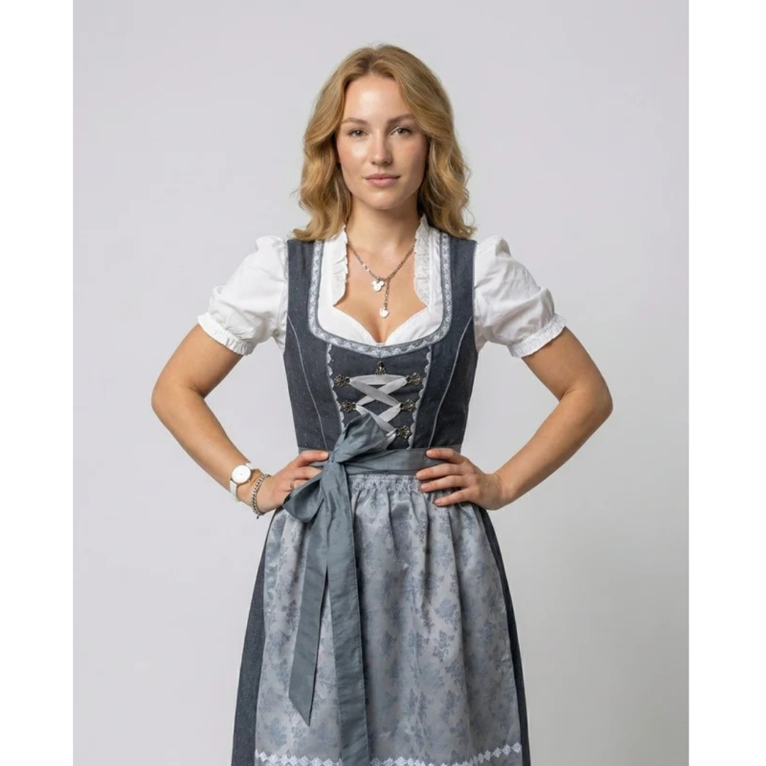 Kobieca Klasyczna Sukienka Dirndl Midi – Styl Oktoberfest z Dekoracyjnym Fartuszkiem