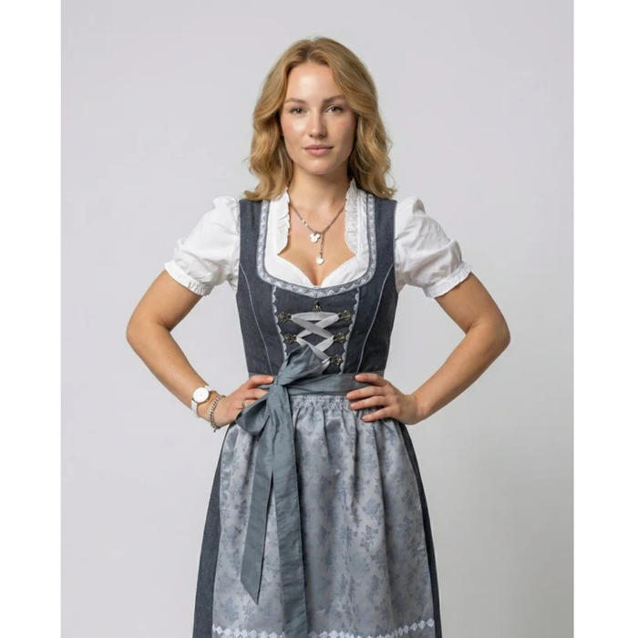 Kobieca Klasyczna Sukienka Dirndl Midi – Styl Oktoberfest z Dekoracyjnym Fartuszkiem