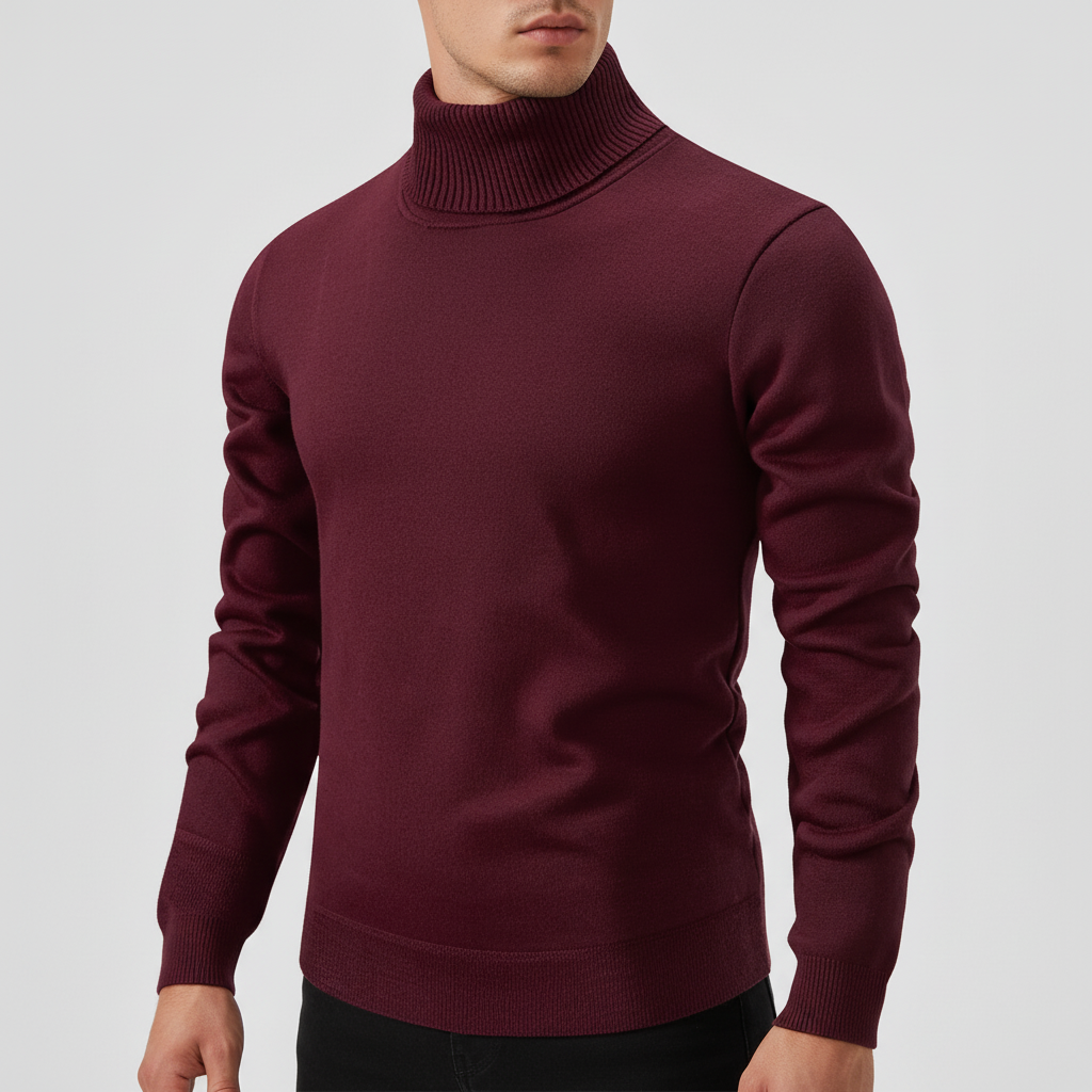 Męski sweter z cienkiego dzianiny z wysokim kołnierzem i prążkowanymi brzegami