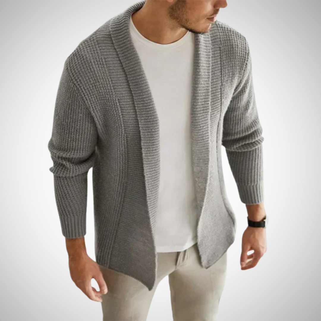 Męski kardigan dzianinowy z otwartym przodem – Teksturowana warstwa z kołnierzem szalowym do smart casual