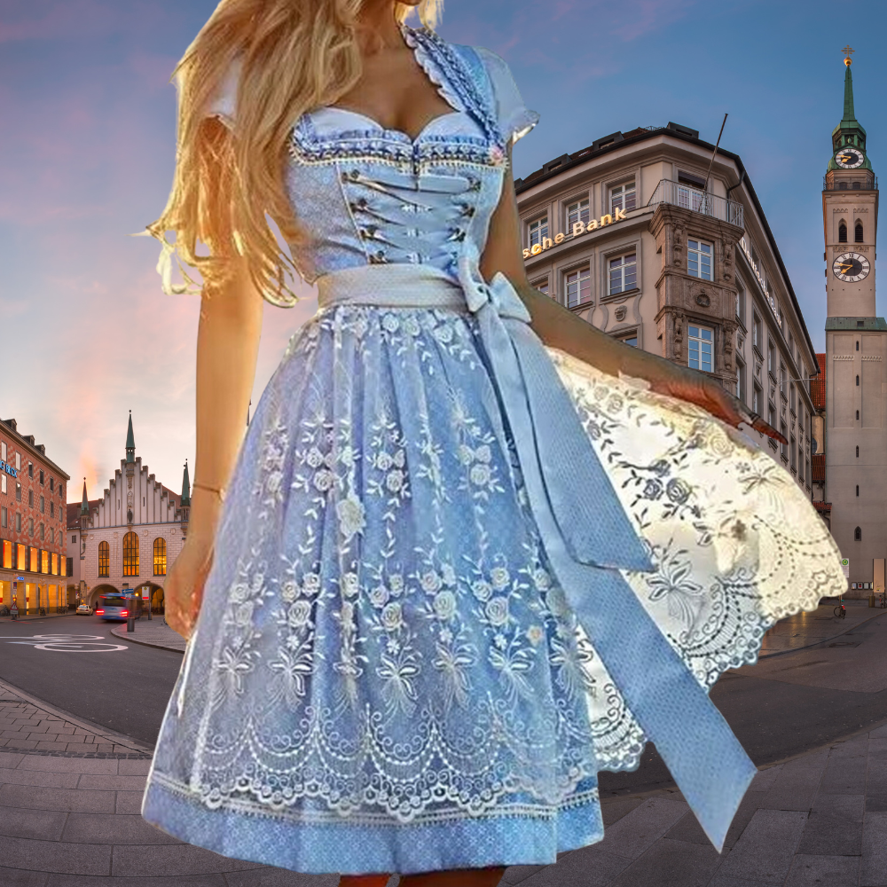 Sukienka Dirndl z Haftem i Koronką z Fasonem w Talii