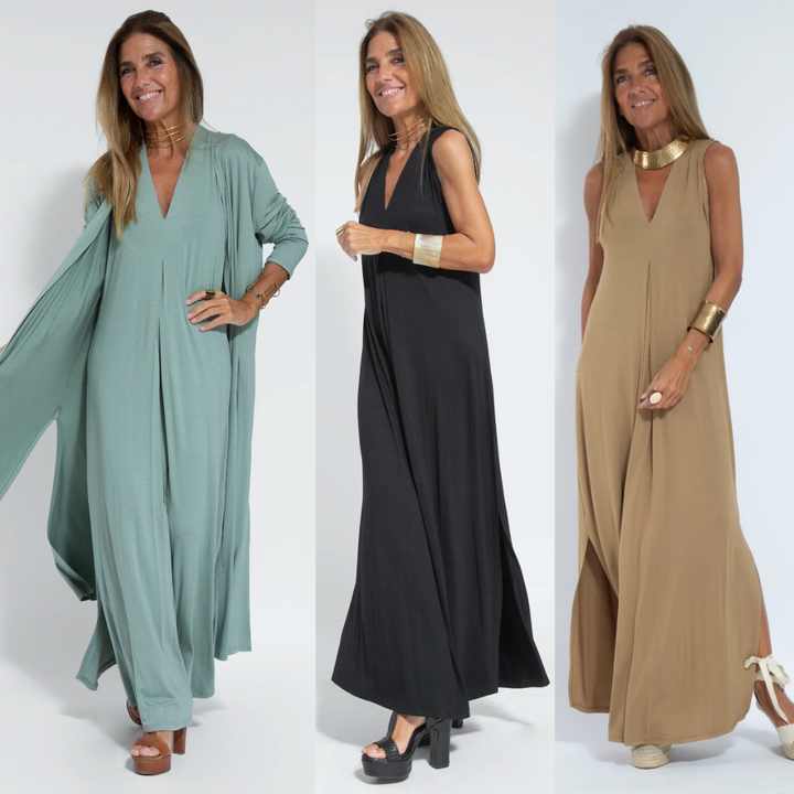 Zestaw sukienki maxi i kardiganu dla kobiet – Elegancki dwuczęściowy strój do pracy i na smart casual