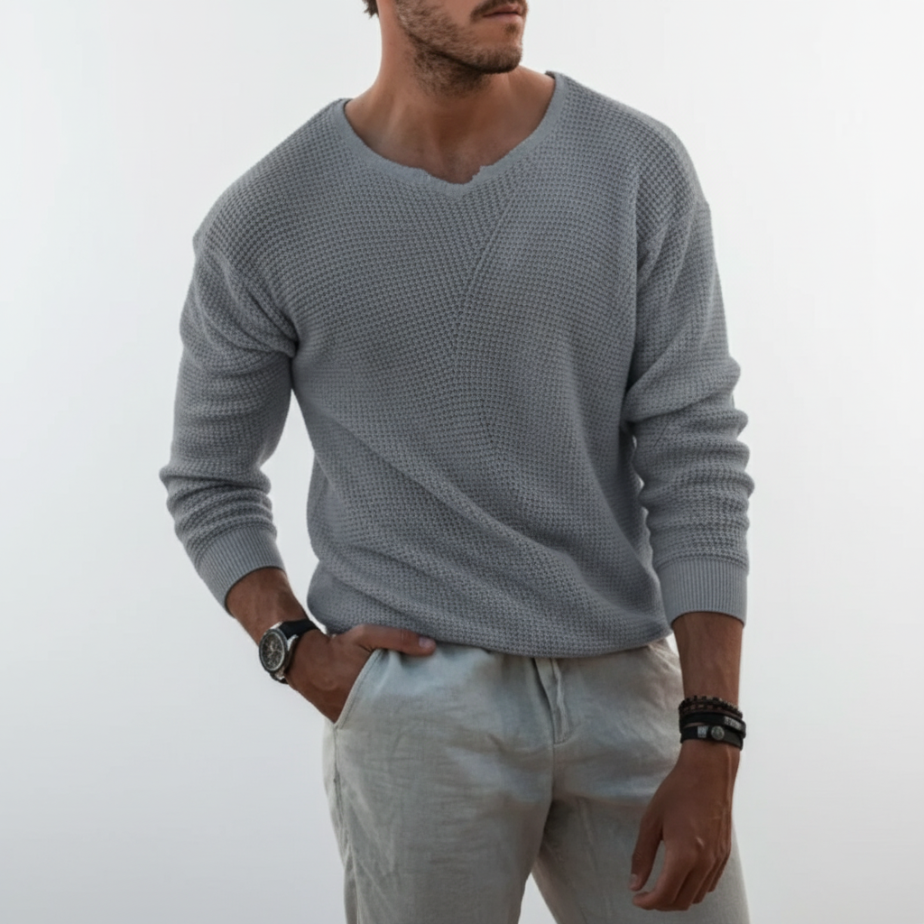 Męski sweter z dzianiny waflowej z dekoltem typu crew neck