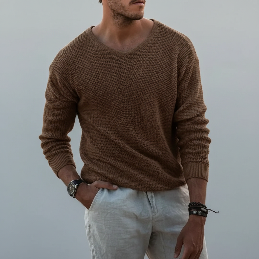 Męski sweter z dzianiny waflowej z dekoltem typu crew neck