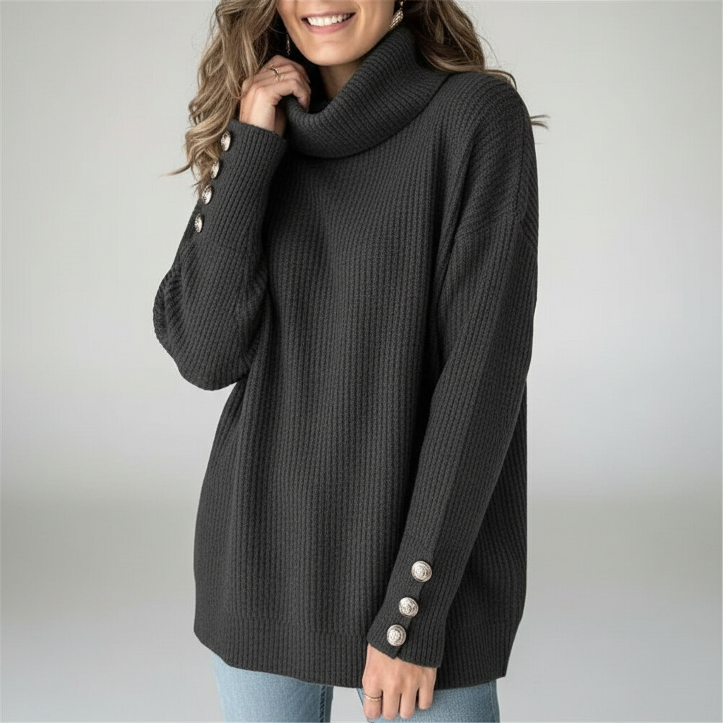 Sweter damski z żebrowanym dekoltem i guzikami na mankietach