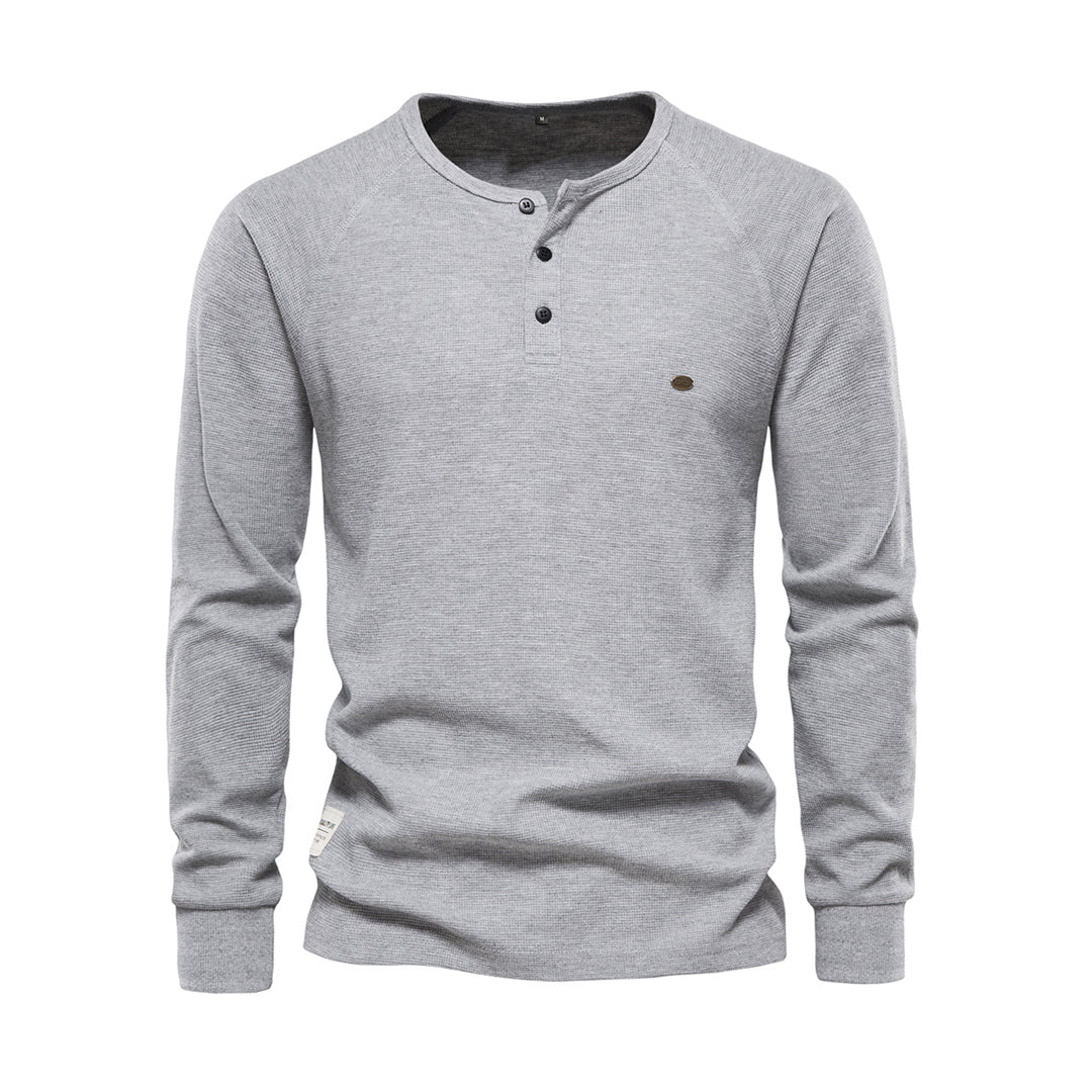 Męska koszula Henley z długim rękawem w splot waffle, casualowy krój