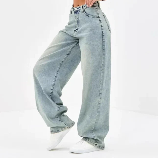 Damskie Luźne Dżinsy w Stylu Relaxed Fit z Szerokimi Nogawkami