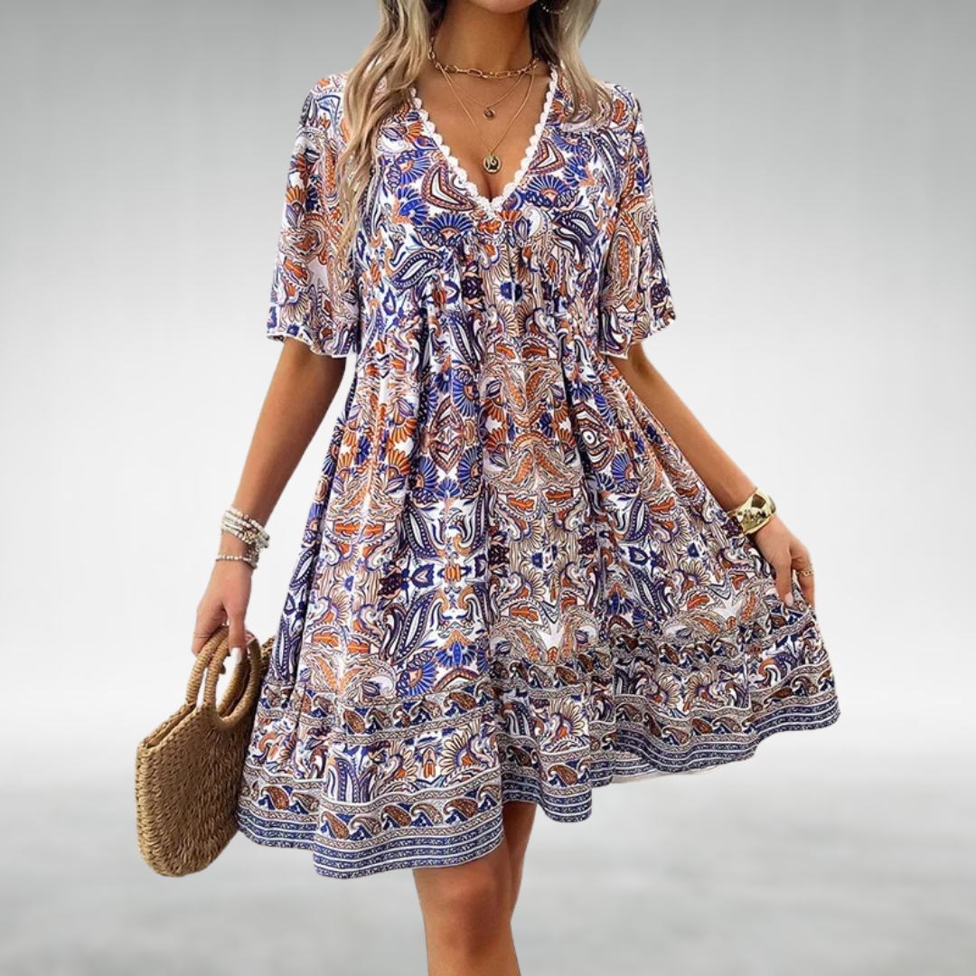 Kobiece Wzorzyste Boho Mini Sukienka – Lekki, Luźny Styl na Lato na Wakacje i Wydarzenia