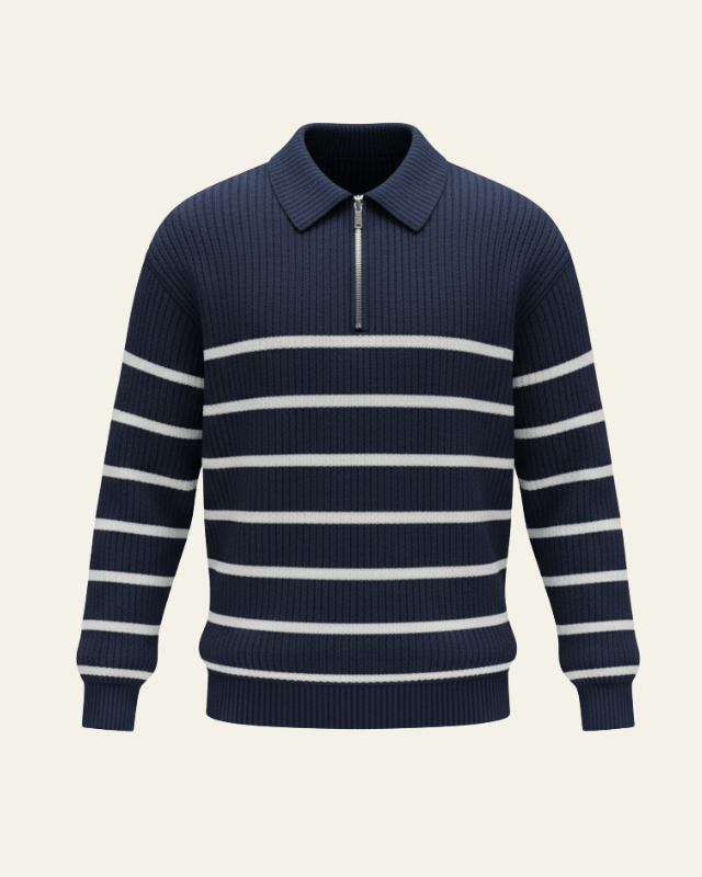 Męski sweter z kołnierzykiem polo – prążkowany sweter z półzamkiem na eleganckie codzienne noszenie