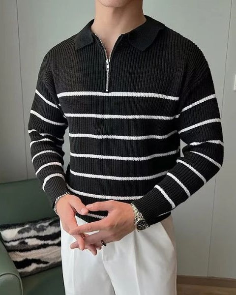 Męski sweter z kołnierzykiem polo – prążkowany sweter z półzamkiem na eleganckie codzienne noszenie