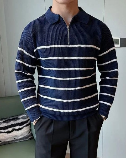 Męski sweter z kołnierzykiem polo – prążkowany sweter z półzamkiem na eleganckie codzienne noszenie