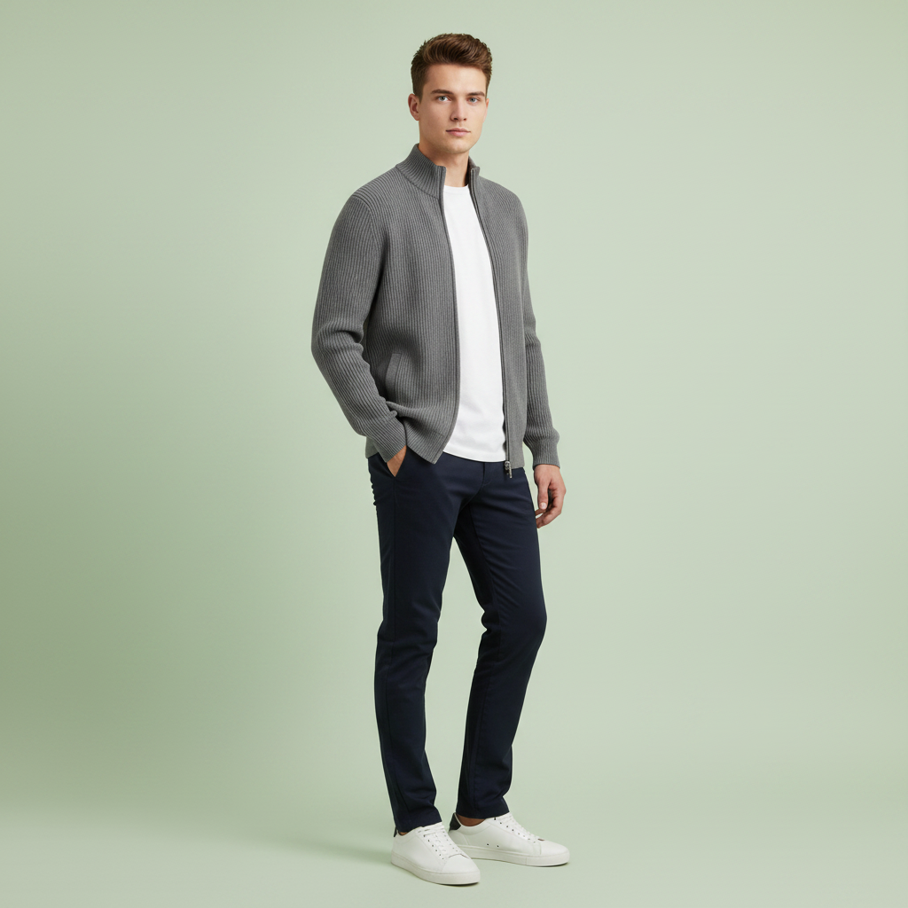 Męski kardigan na zamek z stójką – Slim-Fit, żebrowany dzianina do biura i na weekend