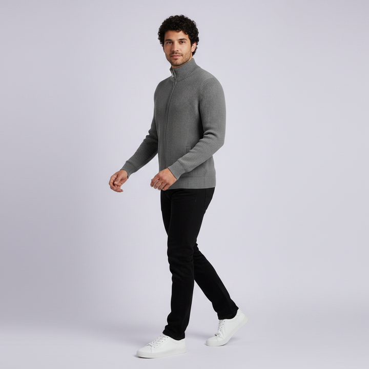 Męski kardigan na zamek z stójką – Slim-Fit, żebrowany dzianina do biura i na weekend