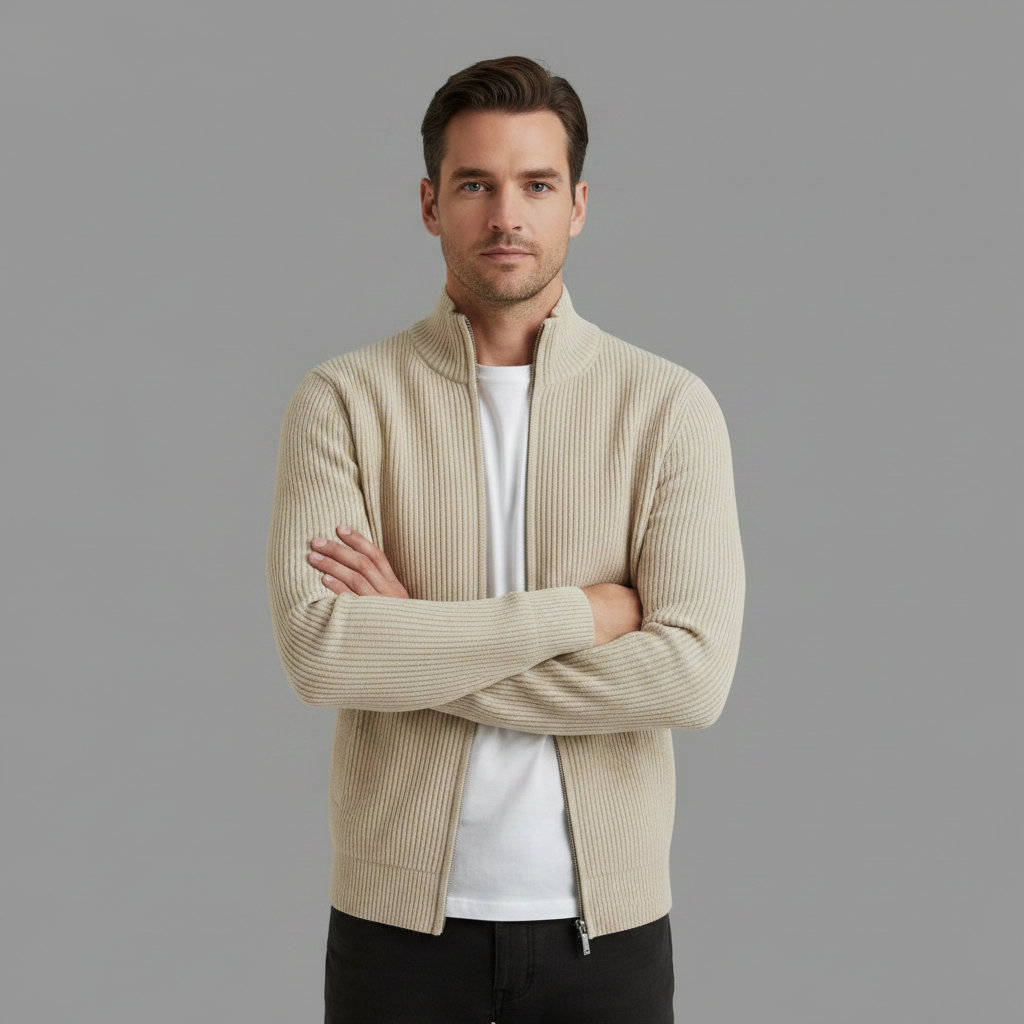 Męski kardigan na zamek z stójką – Slim-Fit, żebrowany dzianina do biura i na weekend