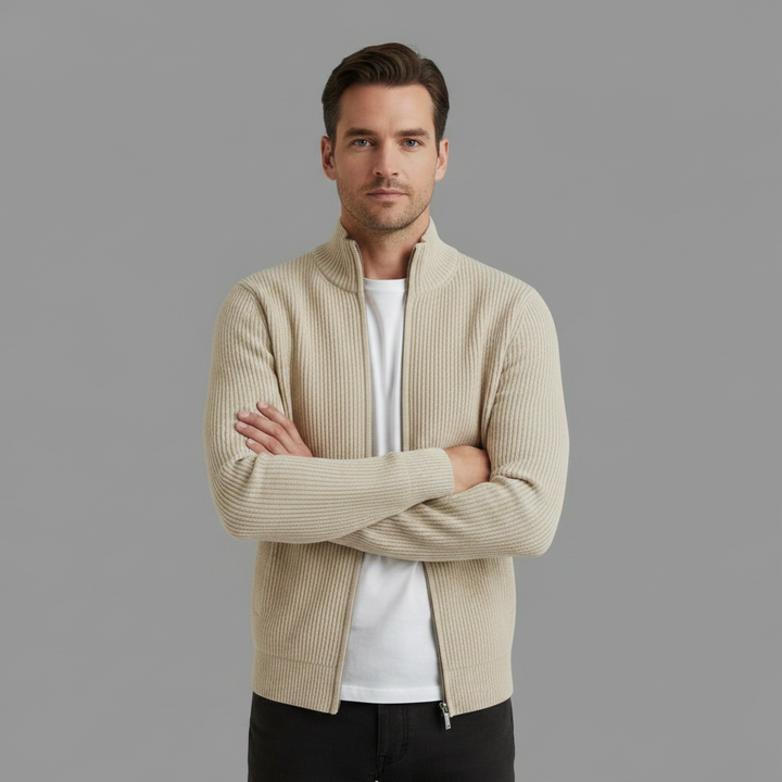 Męski kardigan na zamek z stójką – Slim-Fit, żebrowany dzianina do biura i na weekend