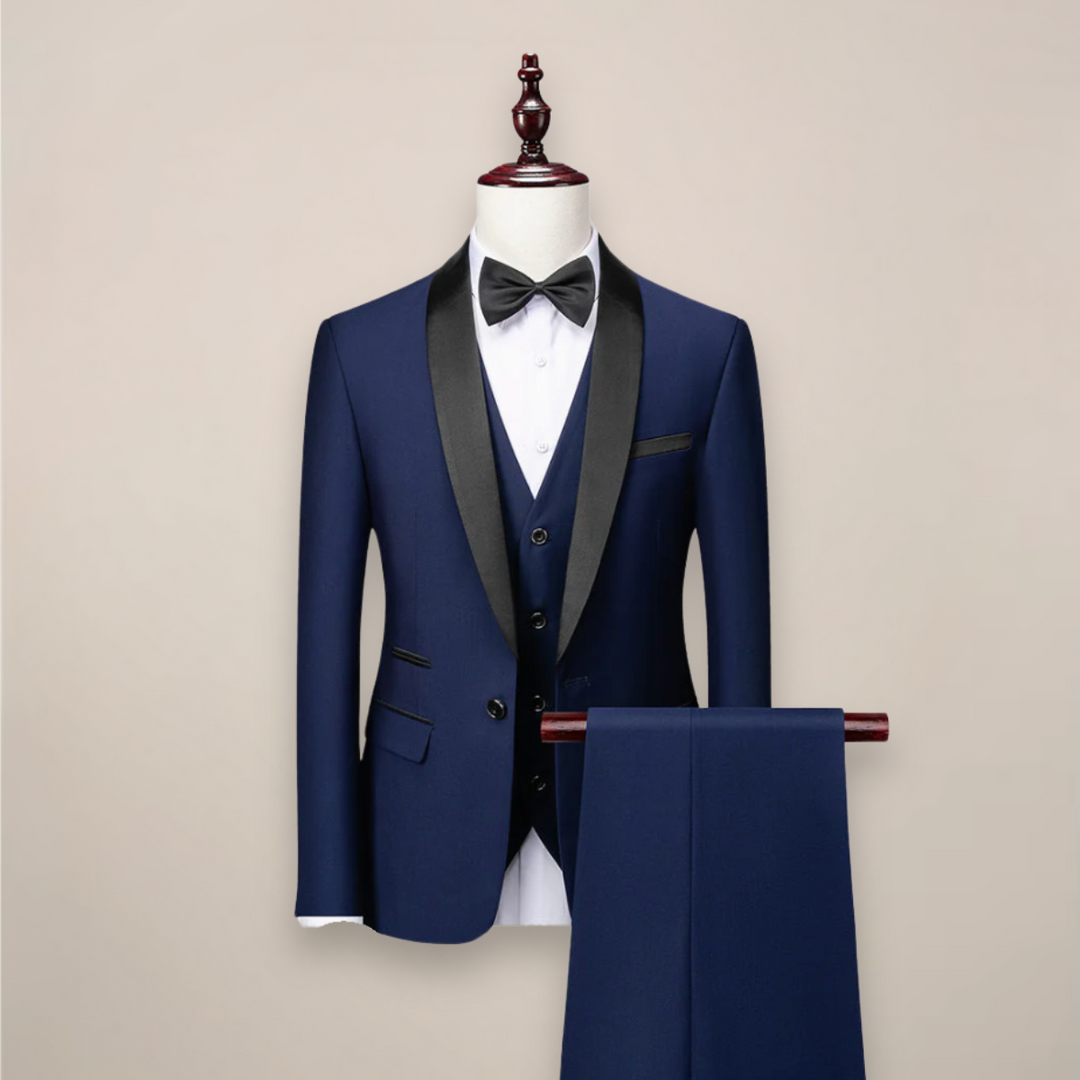 Męski Dopasowany Garnitur Tuxedo w Trzech Częściach – Formalna Odzież z Szalowym Kołnierzem na Wesela, Gale i Wydarzenia Wieczorne