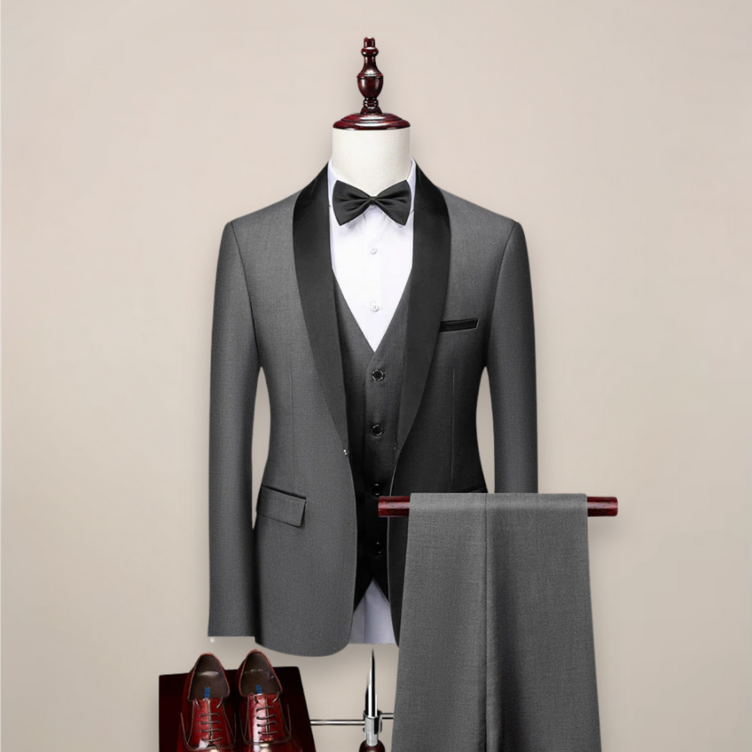 Męski Dopasowany Garnitur Tuxedo w Trzech Częściach – Formalna Odzież z Szalowym Kołnierzem na Wesela, Gale i Wydarzenia Wieczorne