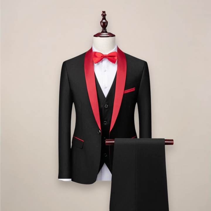 Męski Dopasowany Garnitur Tuxedo w Trzech Częściach – Formalna Odzież z Szalowym Kołnierzem na Wesela, Gale i Wydarzenia Wieczorne