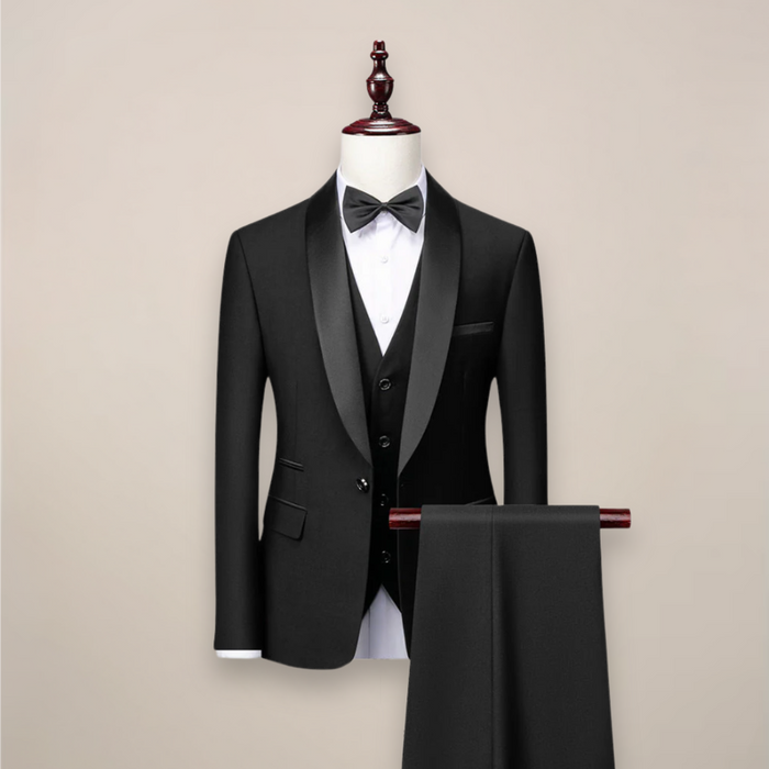 Męski Dopasowany Garnitur Tuxedo w Trzech Częściach – Formalna Odzież z Szalowym Kołnierzem na Wesela, Gale i Wydarzenia Wieczorne