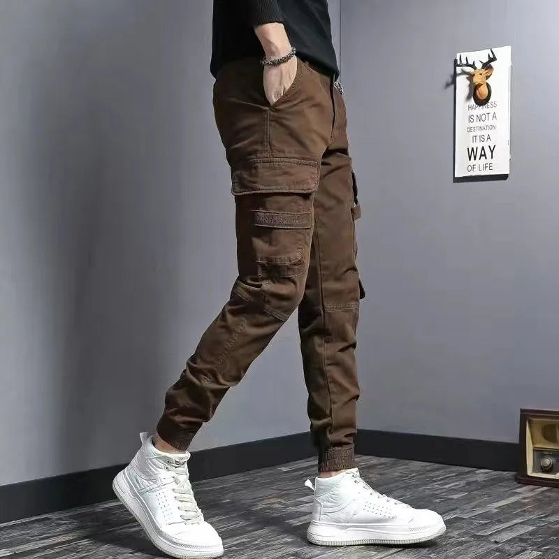 Męskie spodnie cargo slim fit z kieszeniami w stylu streetwear