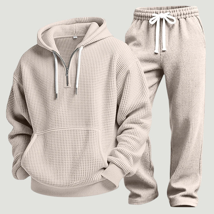 Męski dres z dzianiny waffle – Luźna bluza z pół-zamkiem i spodnie dresowe do podróży i relaksu