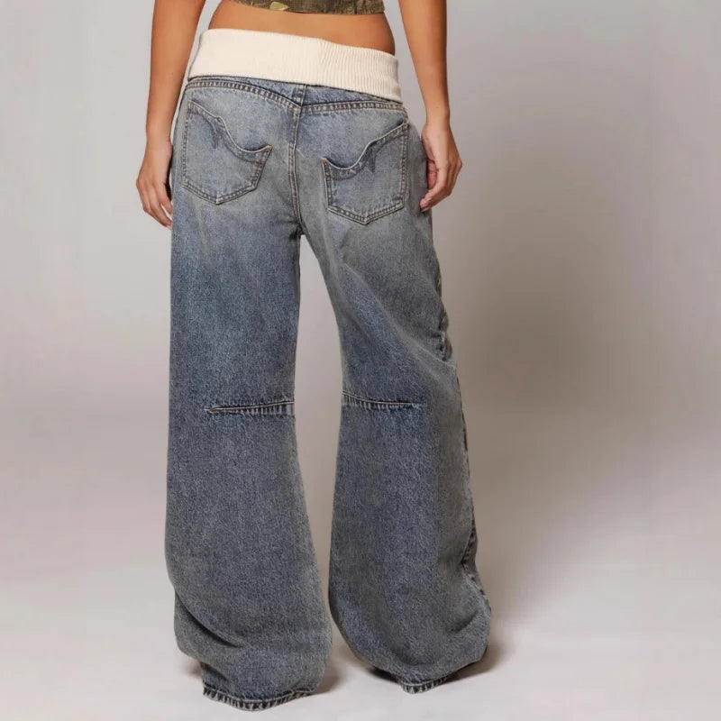 Damskie Vintage Pranie Luźne Jeansy Relaksowane Szerokie Nogawki Denim