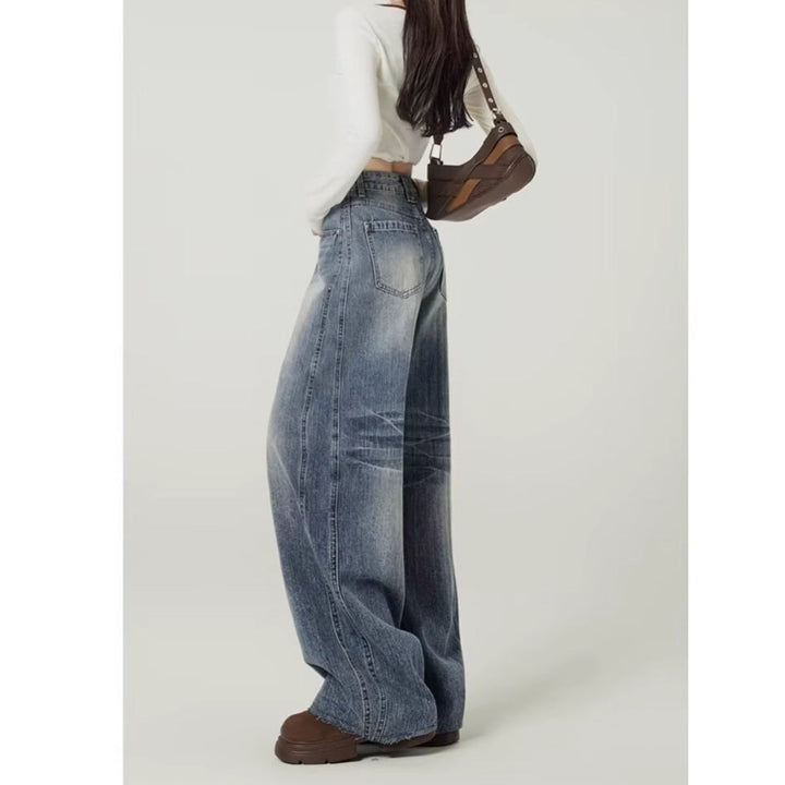 Damskie dżinsy z wysokim stanem, szeroką nogawką i wykończeniem w stylu vintage