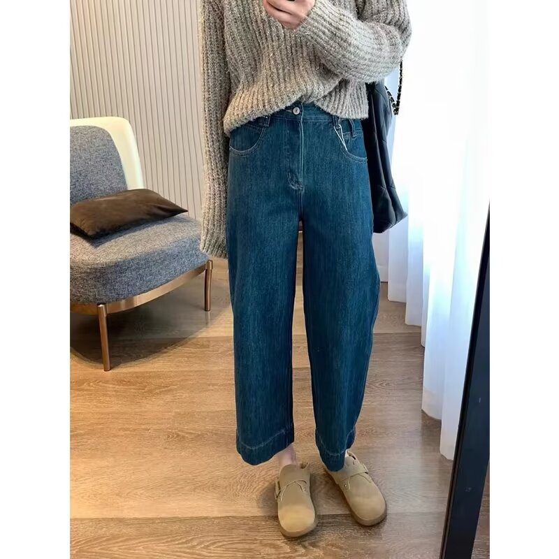 Damskie dżinsy o wysokim stanie, skrócone, szerokie nogawki w stylu vintage