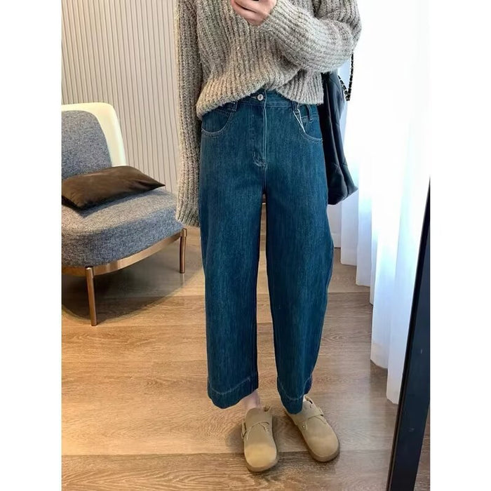 Damskie dżinsy o wysokim stanie, skrócone, szerokie nogawki w stylu vintage