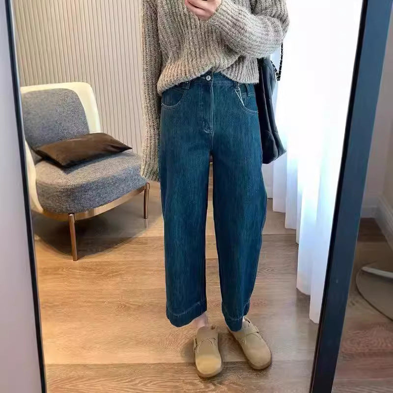 Damskie dżinsy o wysokim stanie, skrócone, szerokie nogawki w stylu vintage