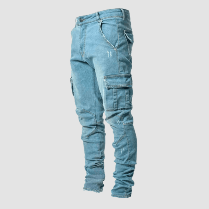 Męskie Slim Fit Cargo Jeansy Tapered Streetwear Denim