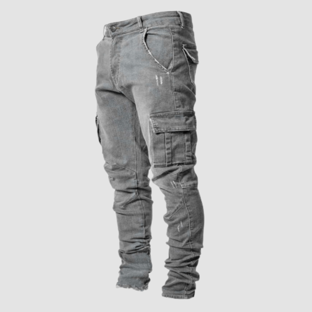 Męskie Slim Fit Cargo Jeansy Tapered Streetwear Denim