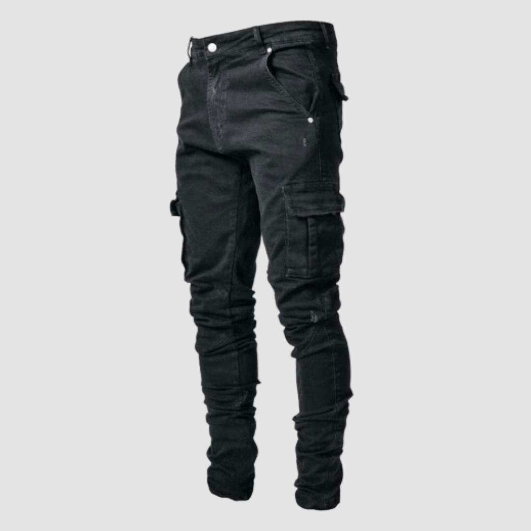 Męskie Slim Fit Cargo Jeansy Tapered Streetwear Denim