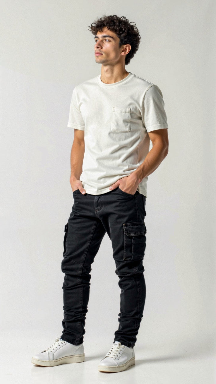 Męskie Slim Fit Cargo Jeansy Tapered Streetwear Denim