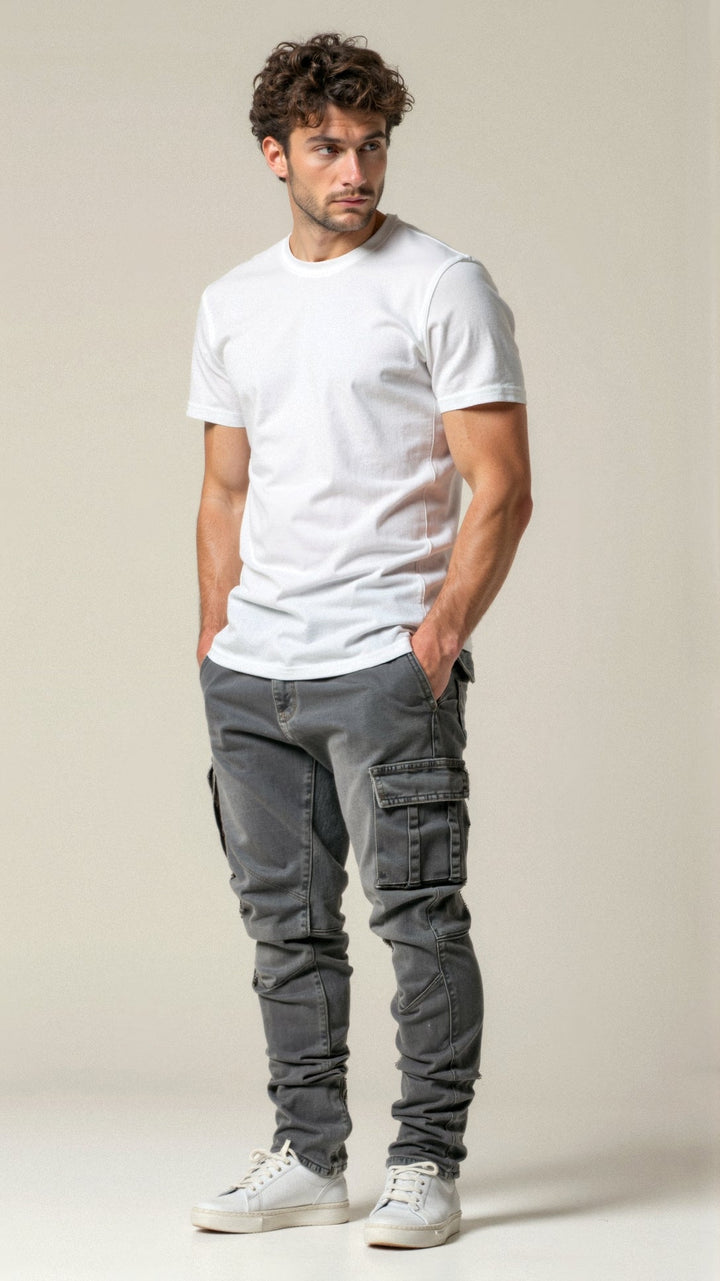 Męskie Slim Fit Cargo Jeansy Tapered Streetwear Denim