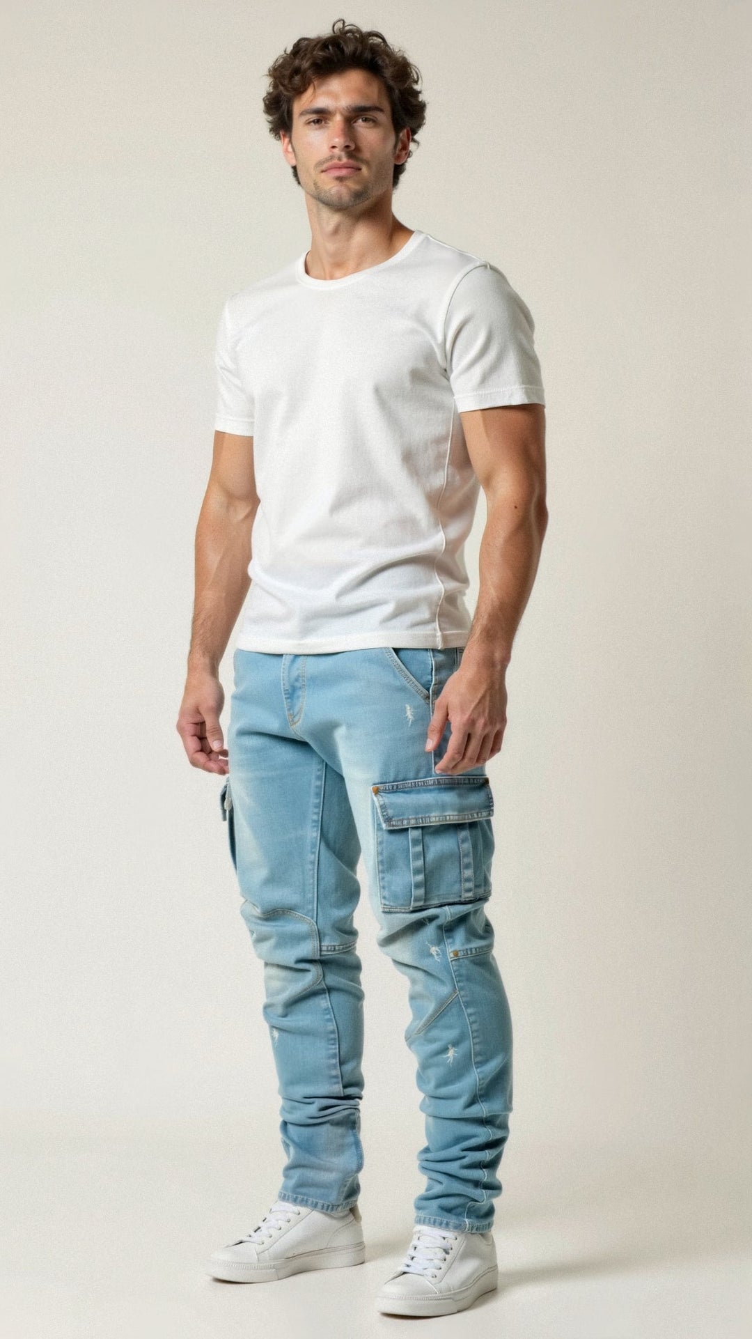 Męskie Slim Fit Cargo Jeansy Tapered Streetwear Denim