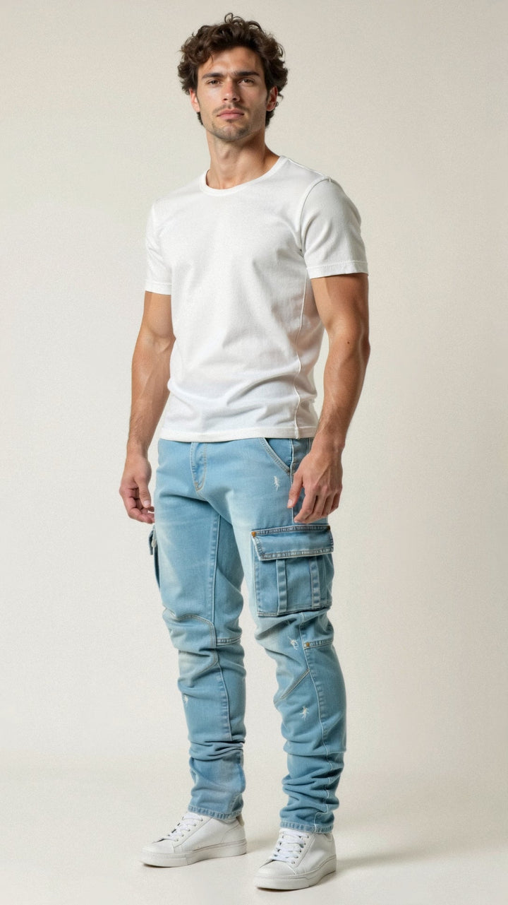 Męskie Slim Fit Cargo Jeansy Tapered Streetwear Denim