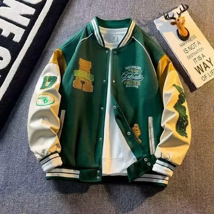 Męska Kurtka Patchworkowa – Haftowana Casualowa Kurtka Z Guzikami, Lekka Odzież Streetwear