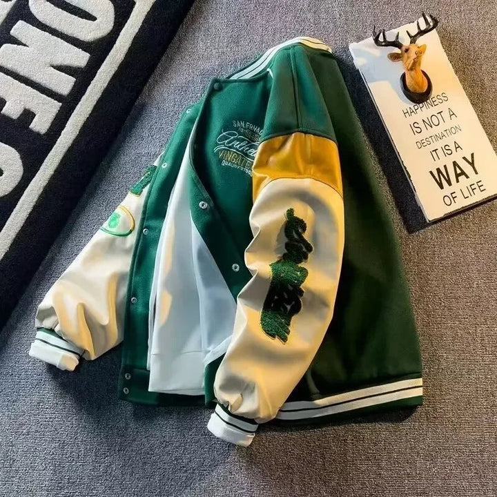 Męska Kurtka Patchworkowa – Haftowana Casualowa Kurtka Z Guzikami, Lekka Odzież Streetwear