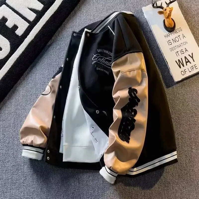Męska Kurtka Patchworkowa – Haftowana Casualowa Kurtka Z Guzikami, Lekka Odzież Streetwear