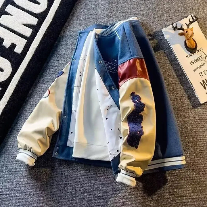 Męska Kurtka Patchworkowa – Haftowana Casualowa Kurtka Z Guzikami, Lekka Odzież Streetwear