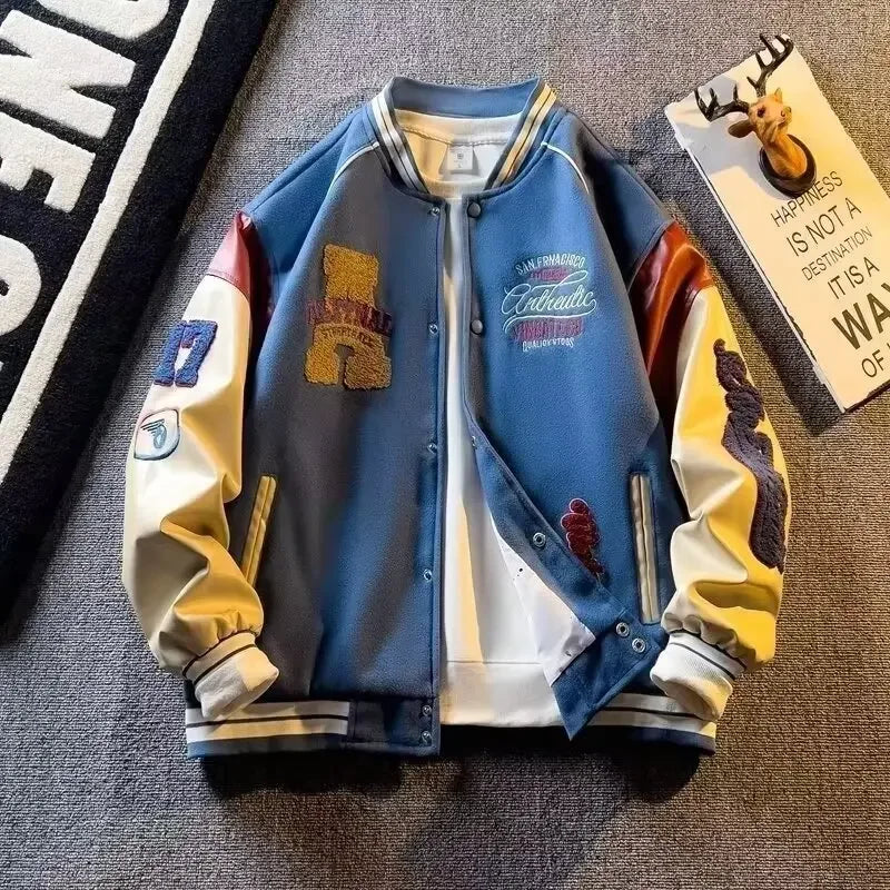 Męska Kurtka Patchworkowa – Haftowana Casualowa Kurtka Z Guzikami, Lekka Odzież Streetwear
