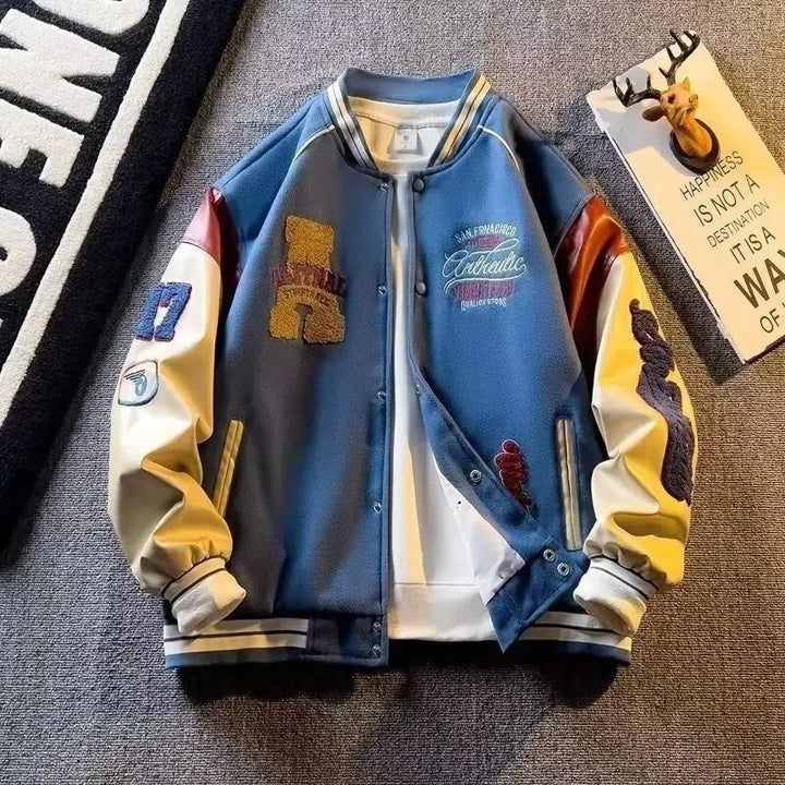 Męska Kurtka Patchworkowa – Haftowana Casualowa Kurtka Z Guzikami, Lekka Odzież Streetwear