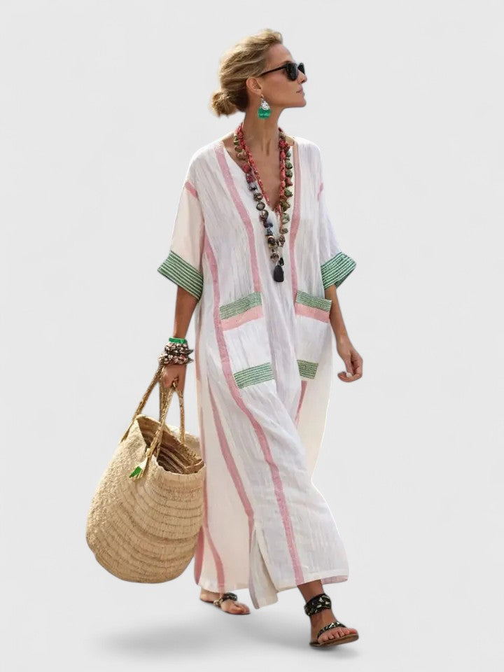 Damska Oversized Striped Kaftan Sukienka Maxi z Dekoltem w Szpic