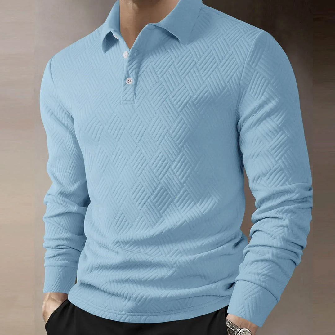 Męska koszulka polo z długim rękawem, teksturowany dzianinowy, elegancki casual