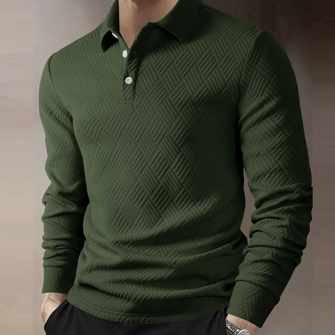 Męska koszulka polo z długim rękawem, teksturowany dzianinowy, elegancki casual
