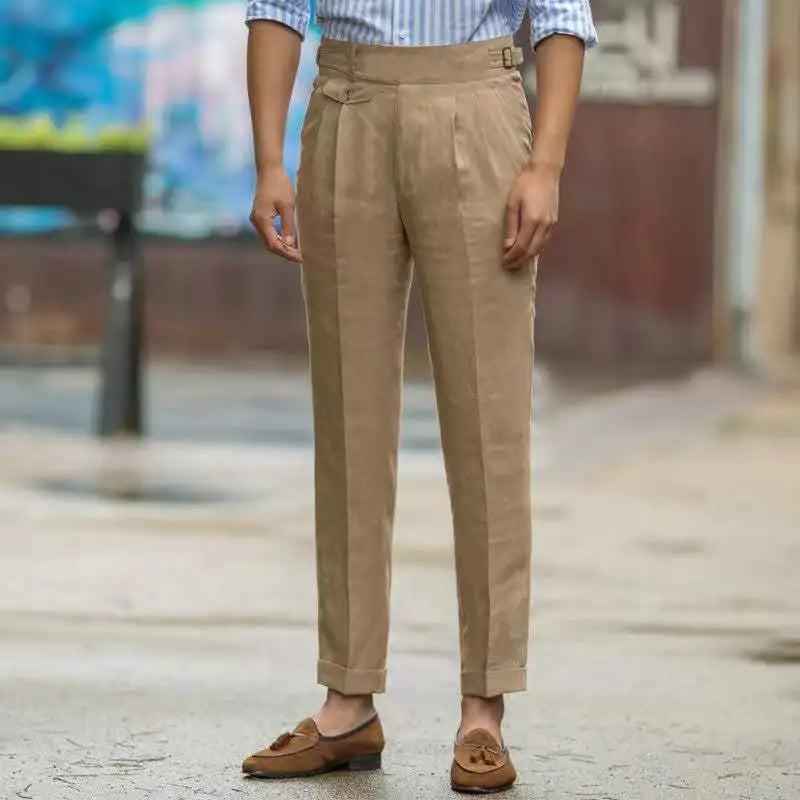 Męskie Spodnie Lnianie o Wysokim Talii, Eleganckie Casualowe Spodnie
