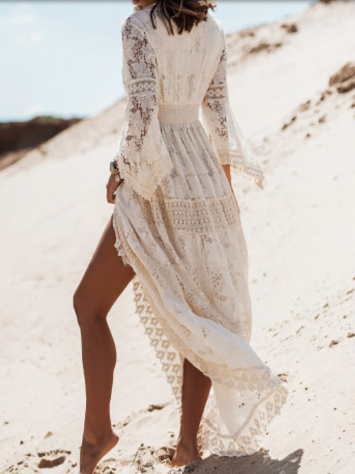Damska Sukienka Boho Maxi z Koronką, Bez Rękawów, V-Neck, Plażowa, Letnia