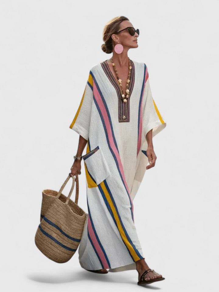 Damska Oversized Striped Kaftan Sukienka Maxi z Dekoltem w Szpic